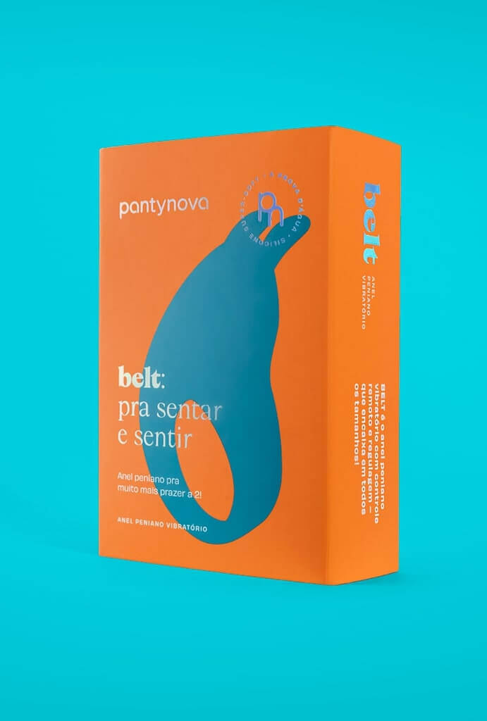 Anel peniano vibratório Belt com embalagem laranja mostrando ilustração e descrição do produto, pantynova | Sex Shop Produtos Eróticos Online